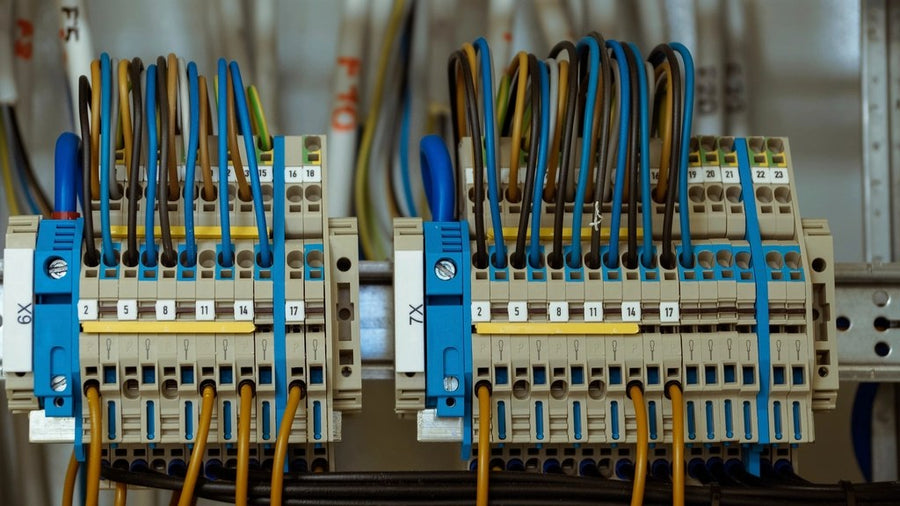 Regletas de bornes de un cuadro eléctrico con el cableado ordenado y numerado
