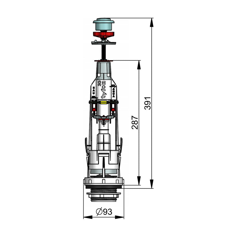 Dibujo con cotas del descargador Fominaya Tyfon 3G: altura 287 y 391 mm, diámetro 93 mm
