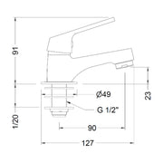 Dibujo con cotas del grifo Genebre 1002 04: 127 mm de largo, 91 mm de alto y base de 49 mm