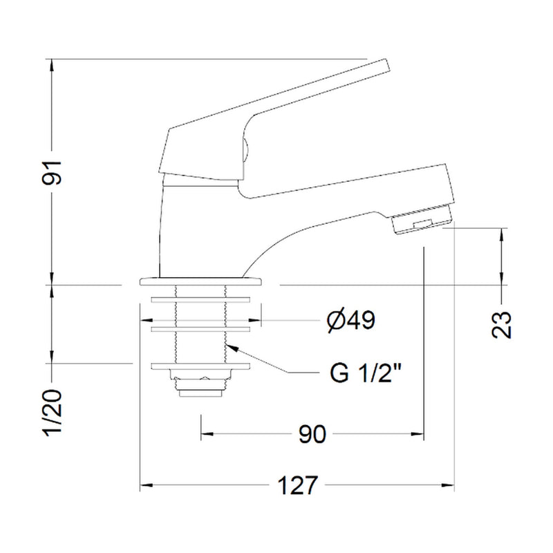 Dibujo con cotas del grifo Genebre 1002 04: 127 mm de largo, 91 mm de alto y base de 49 mm