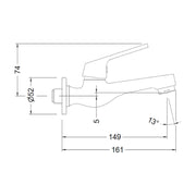 Dibujo con cotas del grifo mural Genebre 1003 04: 161 mm de saliente y embellecedor de 52 mm
