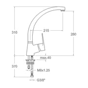 Dibujo con cotas del grifo de fregadero Korman Neoval: 310 mm de alto y 215 mm de alcance