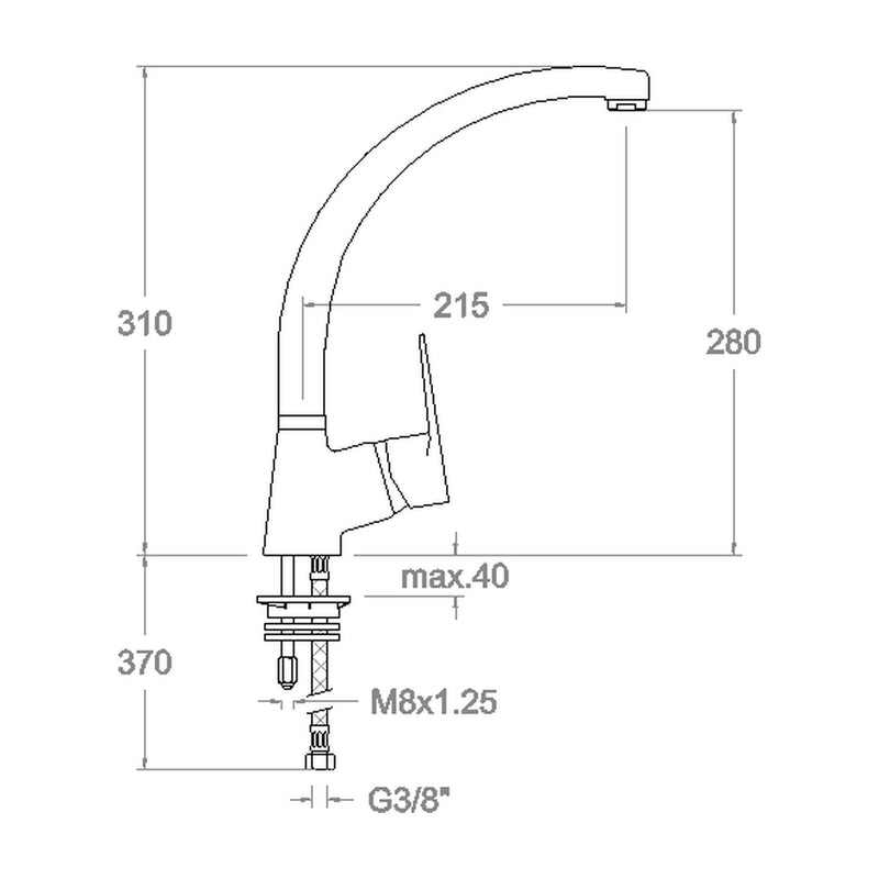 Dibujo con cotas del grifo de fregadero Korman Neoval: 310 mm de alto y 215 mm de alcance