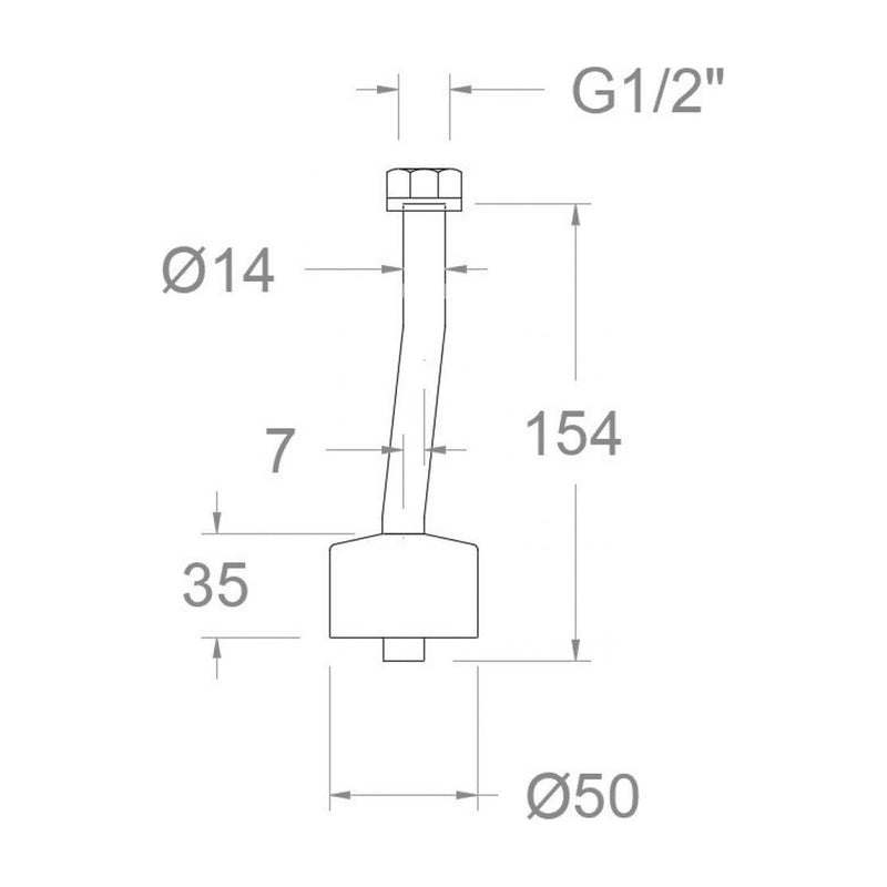 Dibujo con cotas del enlace Solestop 755: G1/2", tubo Ø14 mm y base Ø50 mm