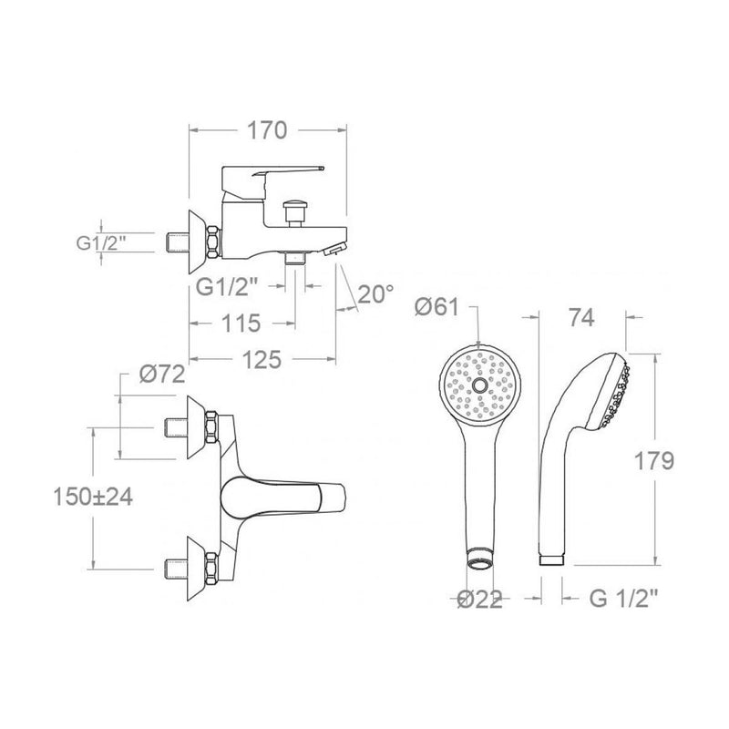 Dibujo con cotas del 1805VM2: grifo de 170 mm de fondo y ducha de mano Ø61 mm