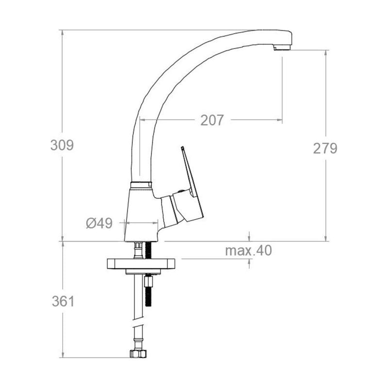 Dibujo con cotas del Titanium 180601: 309 mm de alto y 207 mm de alcance