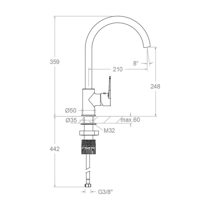 Dibujo con cotas del grifo de fregadero Titanium 183611: 359 mm de alto y 210 mm de saliente