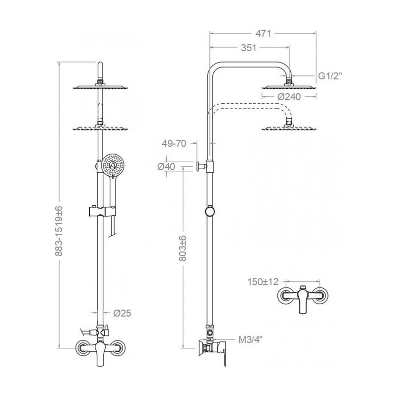 Dibujo con cotas de la columna Titanium telescópica: altura 883-1.519 mm, brazo 351 mm