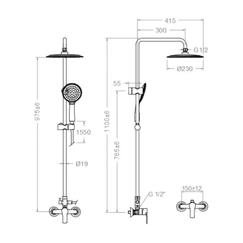 Dibujo con cotas de la columna Titanium fija: 1.100 mm de alto, brazo de 300 mm, rociador Ø230