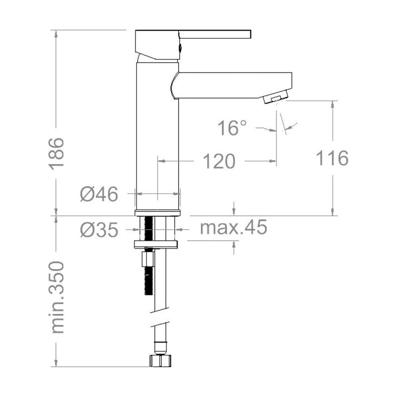 Dibujo con cotas del monomando Drako 3304: 186 mm de alto y 120 mm de saliente