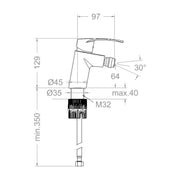 Dibujo técnico con cotas del monomando de bidé Ramón Soler New Fly 570321