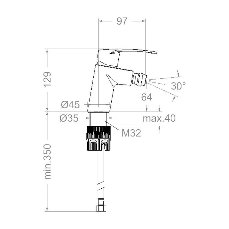 Dibujo técnico con cotas del monomando de bidé Ramón Soler New Fly 570321