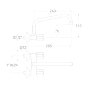 Dibujo técnico con cotas del grifo mural Ramón Soler Eco 7019CAI30E4