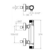 Dibujo con cotas del termostático Termotech 963402S: 274 mm de largo y tomas a 150 mm