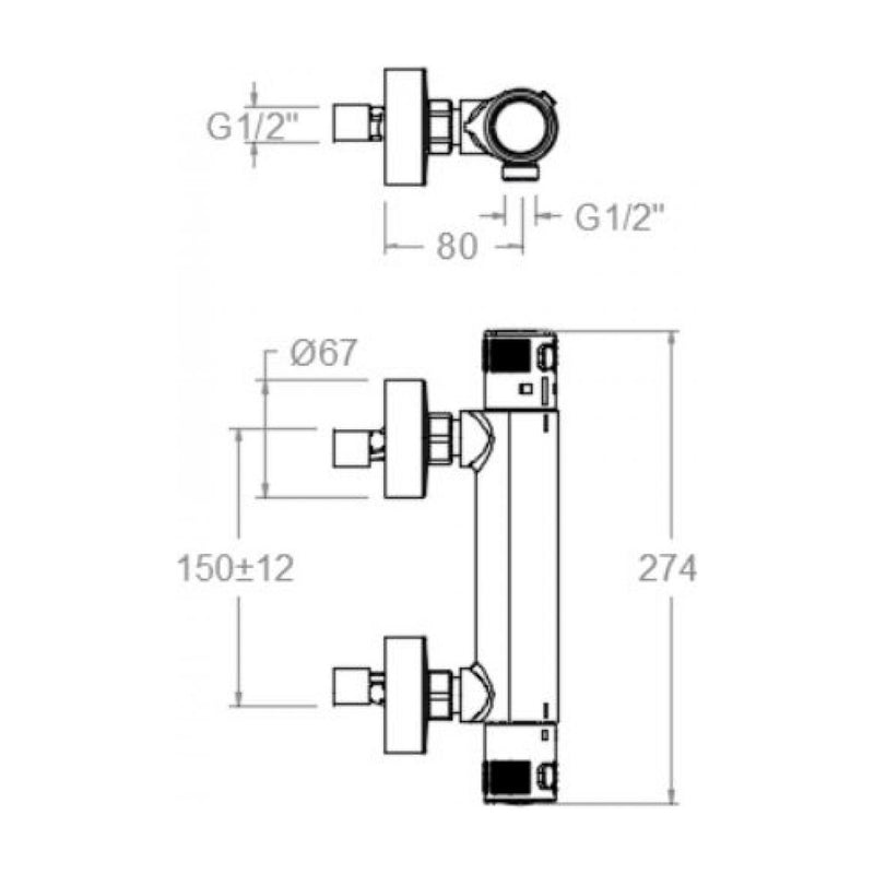 Dibujo con cotas del termostático Termotech 963402S: 274 mm de largo y tomas a 150 mm