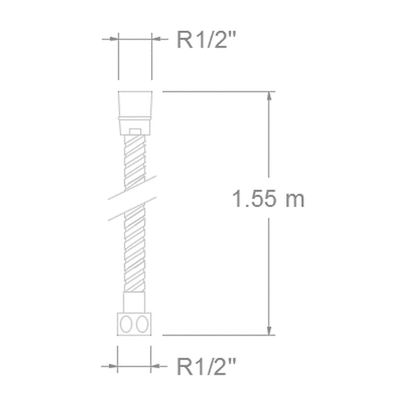 Dibujo del flexo 1128C de 1,55 m con roscas de 1/2 pulgada