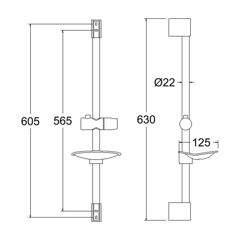 Plano con cotas de la barra de ducha Polo: 630 mm de largo, 565 mm entre fijaciones, tubo Ø22