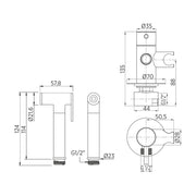 Dibujo acotado del conjunto higiénico Benicassim: monomando de 135 mm y ducha de 124 mm
