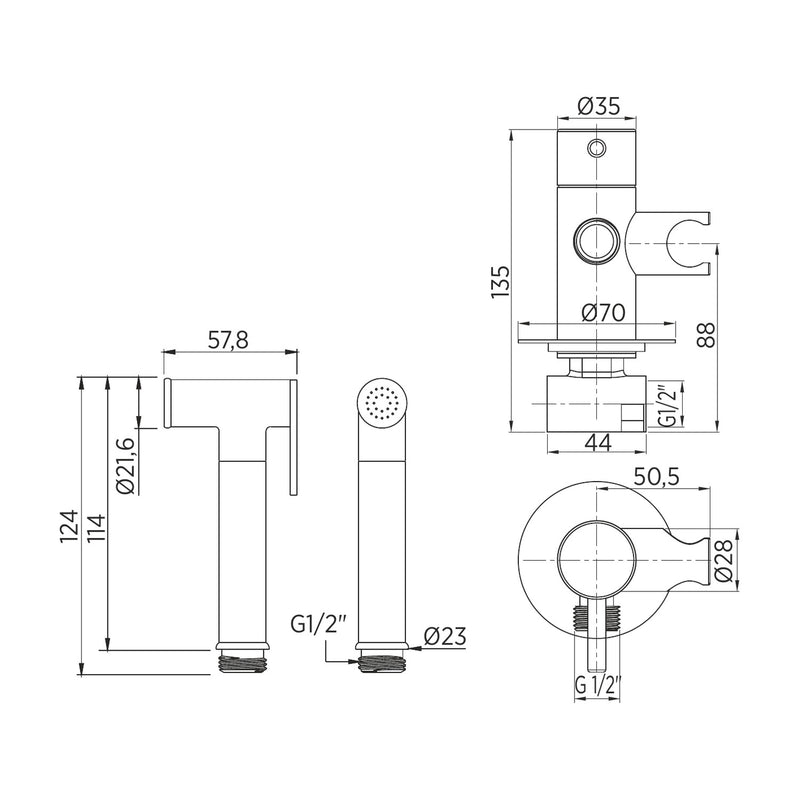 Dibujo acotado del conjunto higiénico Benicassim: monomando de 135 mm y ducha de 124 mm