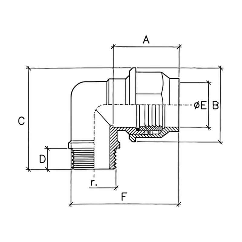 Dibujo técnico con cotas del enlace acodado Jimten J-69 de latón