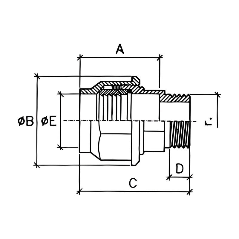 Dibujo técnico del enlace mixto Jimten J-61 de latón