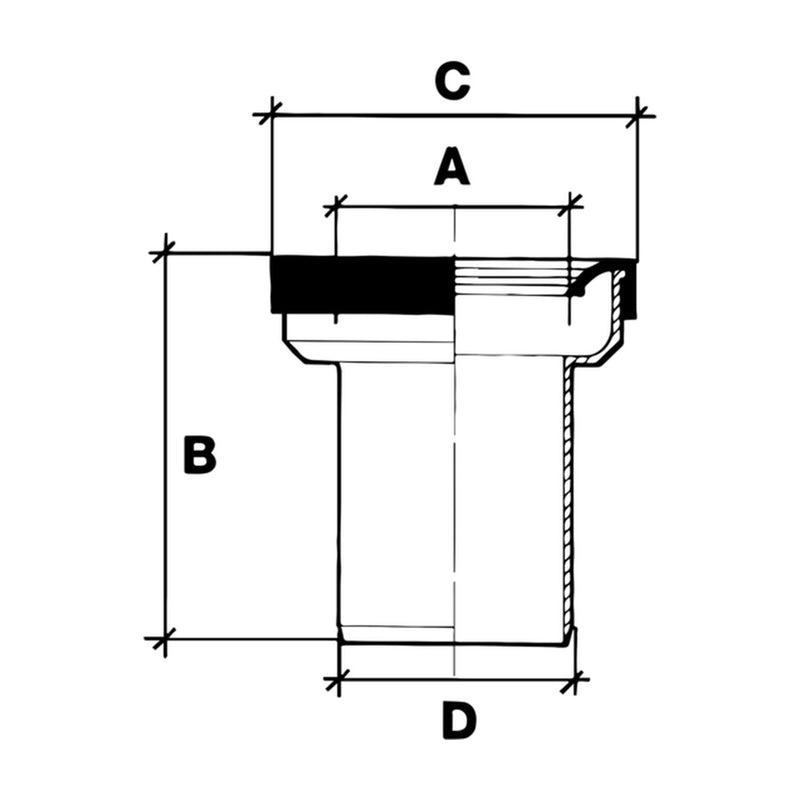Dibujo con cotas A, B, C y D del manguito Jimten 021030