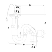 Dibujo técnico con cotas del sifón Jimten S-89