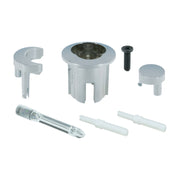 Piezas del kit de doble pulsador Roca: pulsador, casquillo, varillas y tornillo