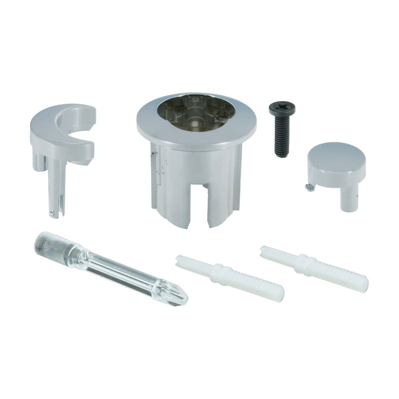 Piezas del kit de doble pulsador Roca: pulsador, casquillo, varillas y tornillo