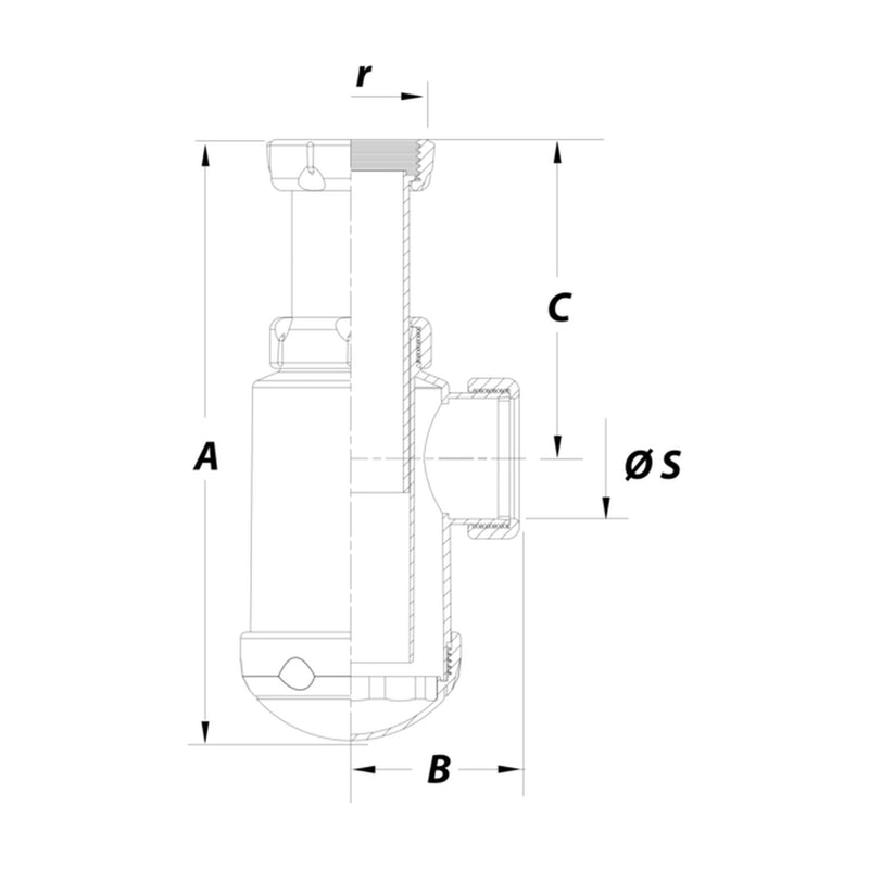 Dibujo técnico con cotas del sifón botella Jimten S-65
