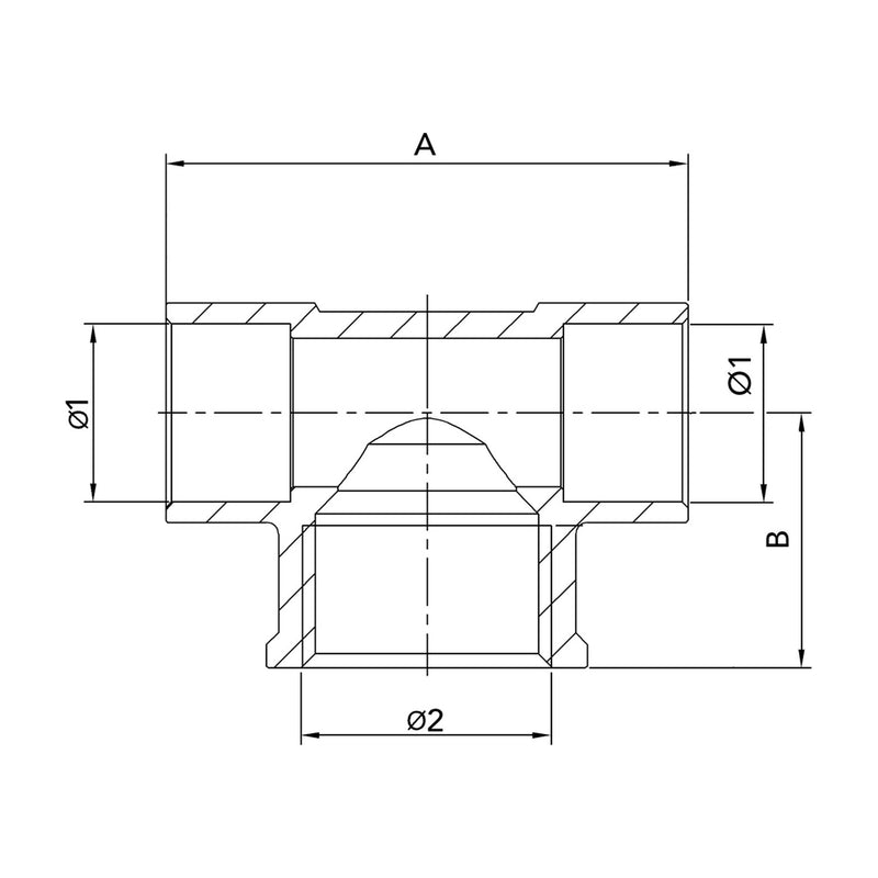 Dibujo técnico de la te de bronce con cotas A, B, Ø1 y Ø2