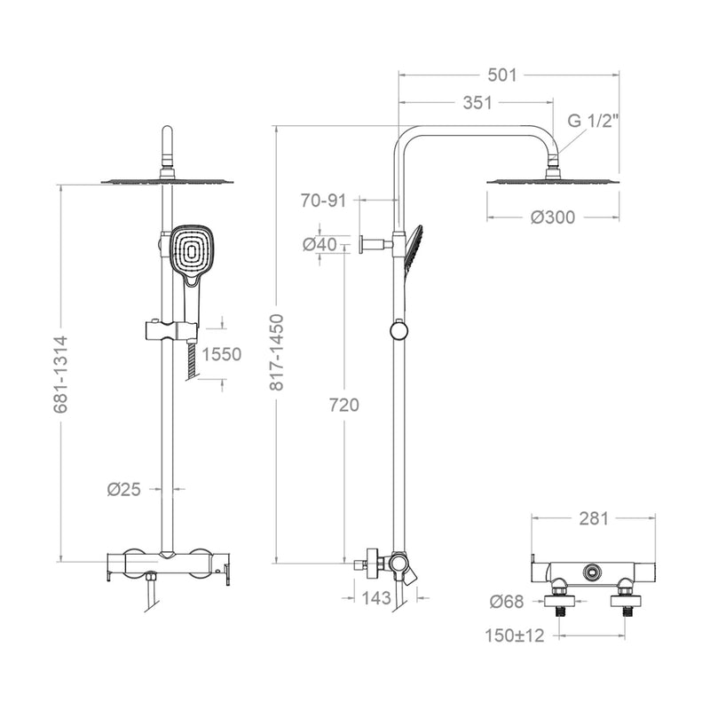 Dibujo con cotas de la columna Blautherm 937415RP300: 817-1450 mm de alto, rociador Ø300 mm