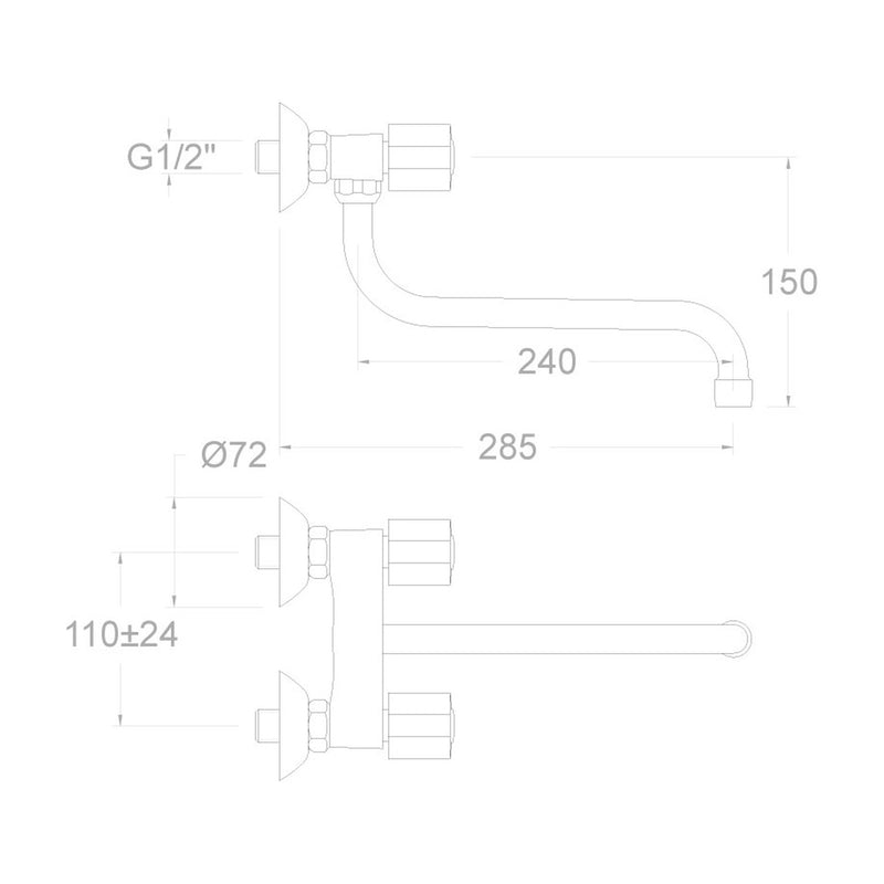 Dibujo con cotas del grifo mural Ramón Soler Eco 7019CB30E4: saliente 240 mm, entre-eje 110 ± 24 mm