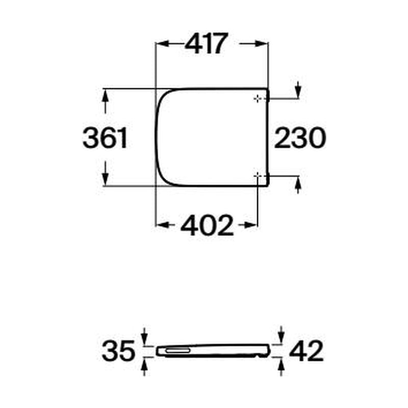 Dibujo con cotas del asiento Dama compacto: 417 x 361 mm, fijaciones a 230 mm