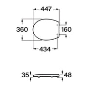Dibujo con cotas del asiento Roca Victoria A801B6000B: 447 x 360 mm y orificios a 160 mm