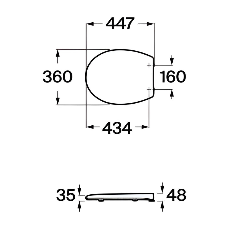 Dibujo con cotas del asiento Roca Victoria A801B6000B: 447 x 360 mm y orificios a 160 mm