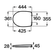 Dibujo con cotas del asiento Roca Victoria A801E50001: 444 x 361 mm, 160 mm entre fijaciones