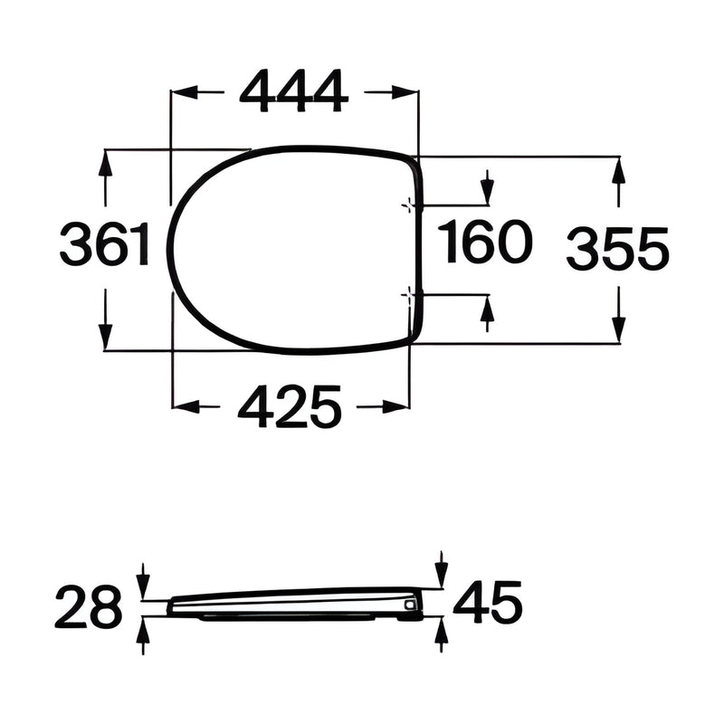 Dibujo con cotas del asiento Roca Victoria A801E50001: 444 x 361 mm, 160 mm entre fijaciones