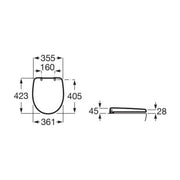 Dibujo con cotas del asiento Roca Victoria compacto A801E60001: 423 x 361 mm y orificios a 160 mm