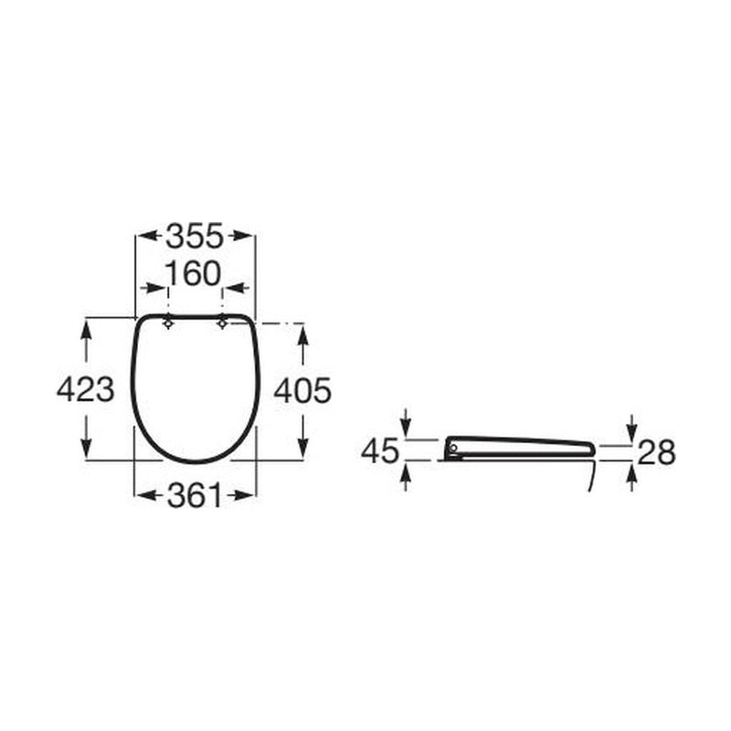 Dibujo con cotas del asiento Roca Victoria compacto A801E60001: 423 x 361 mm y orificios a 160 mm