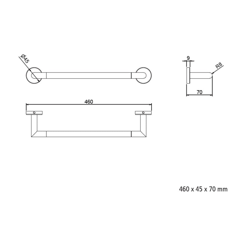 Dibujo con cotas del toallero Salgar Sil: 460 x 45 x 70 mm