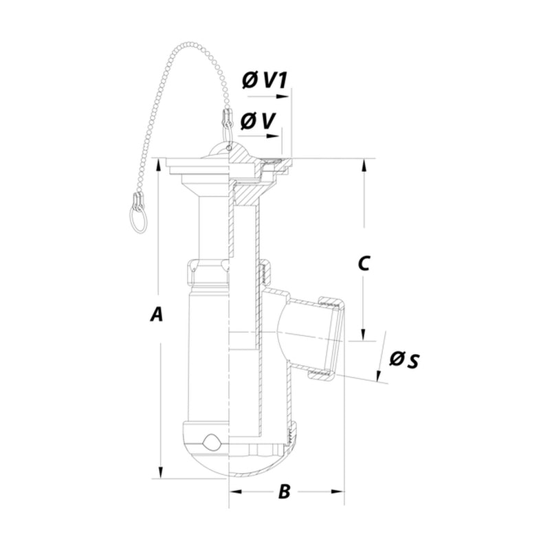 Dibujo técnico con cotas del sifón Jimten S-61
