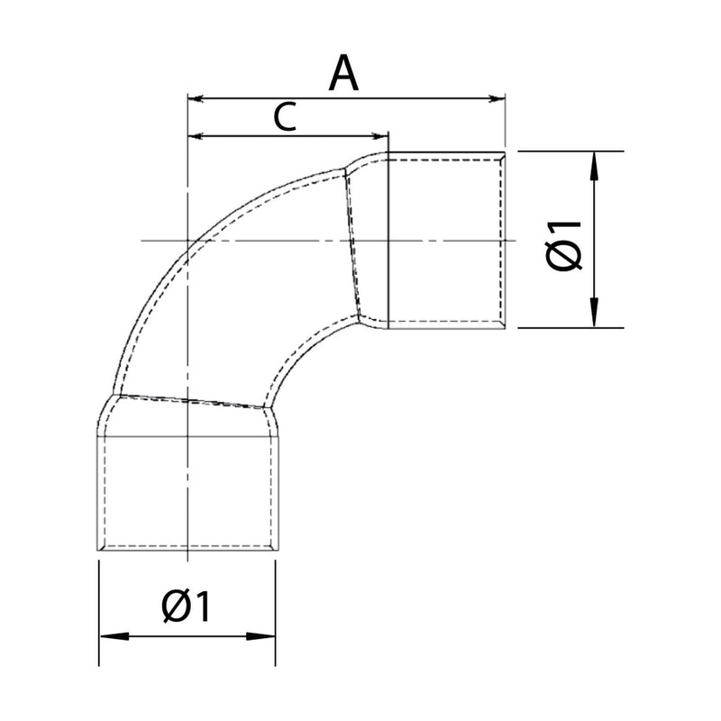 Dibujo técnico con cotas de la curva 90° hembra-hembra 5002 de STH
