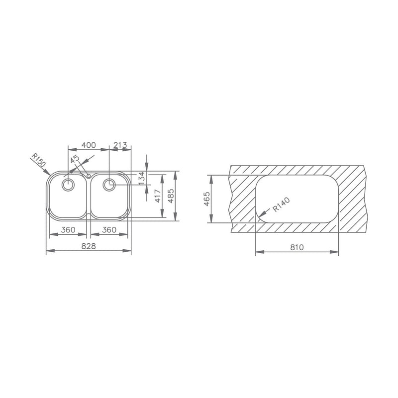 Dibujo técnico del Teka Stylo 2C con medidas y hueco de encastre