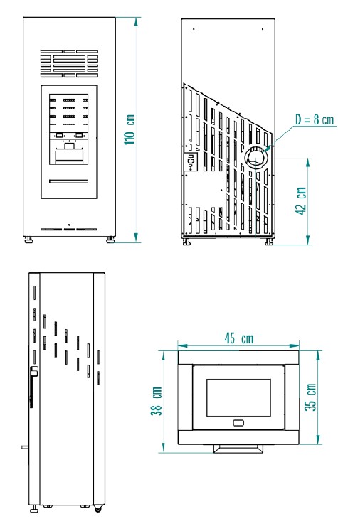Medidas Estufa de pellet Bio Aire 8,2Kw
