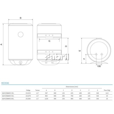 Medidas termo Slim Ceramics 50L